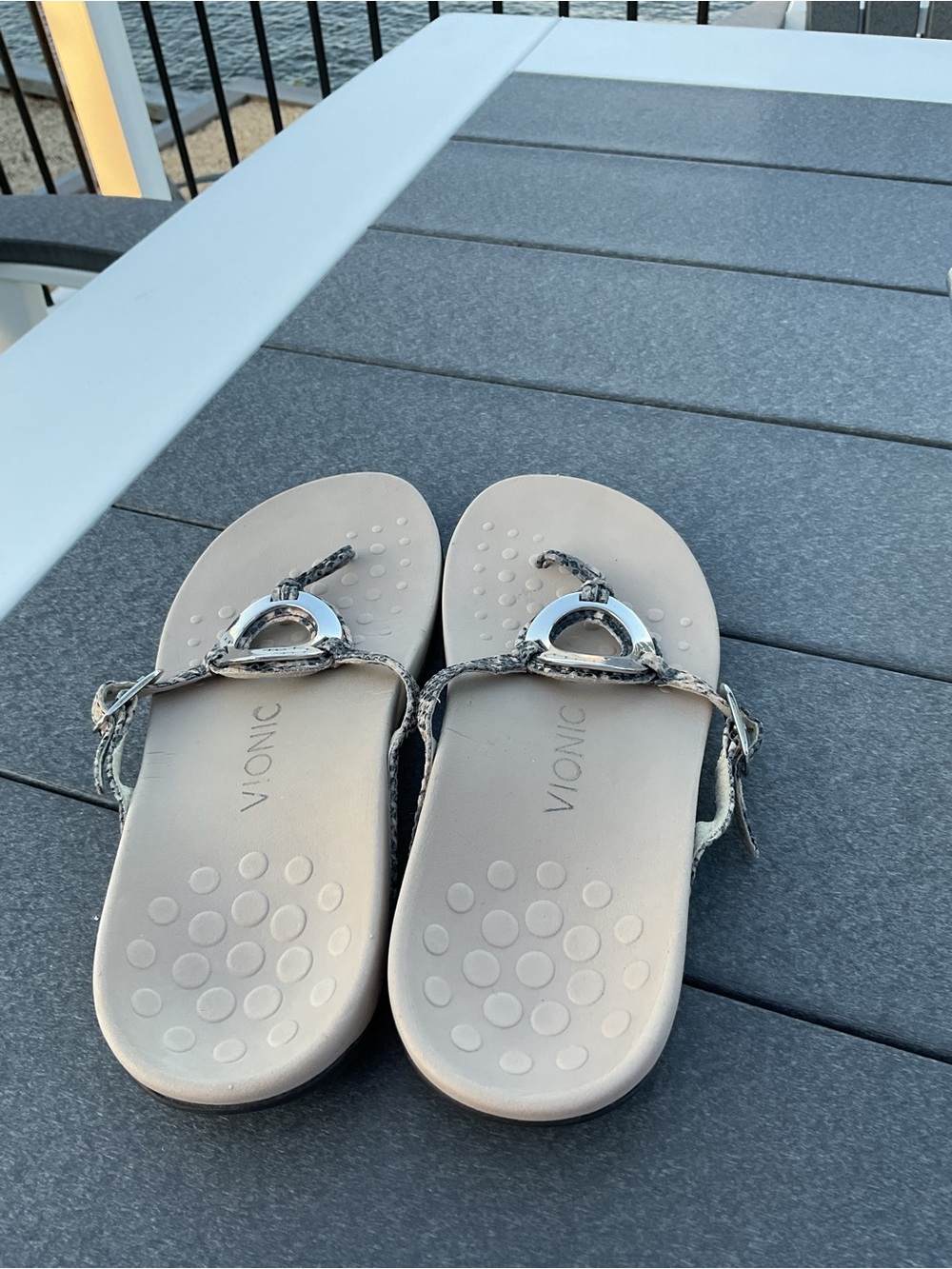Vionic Beige Snake-Print Thong Sandals with Silver Ring Accent